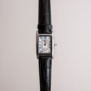 y2k silver rectangle vintage watch w/ black leather strap
